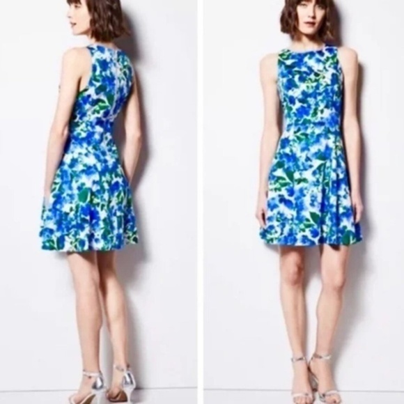 Milly Sleeveless Floral Print Fit & Flare Dress in Blue Green & White Size 8 - Picture 1 of 8